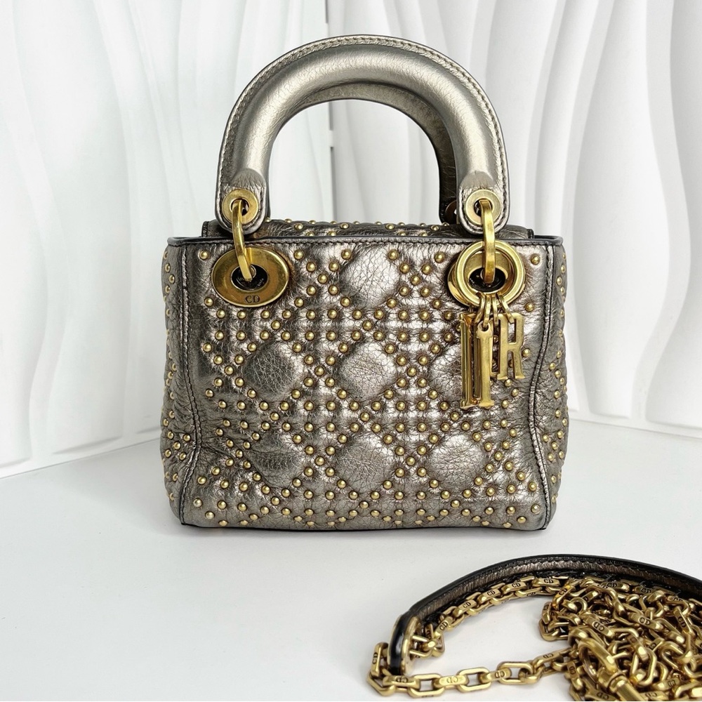 Christian Dior Lady Medium Studded Bag Women's Handbag Lambskin Silver